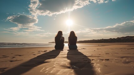 Two women sitting on the beach watching the sun go down