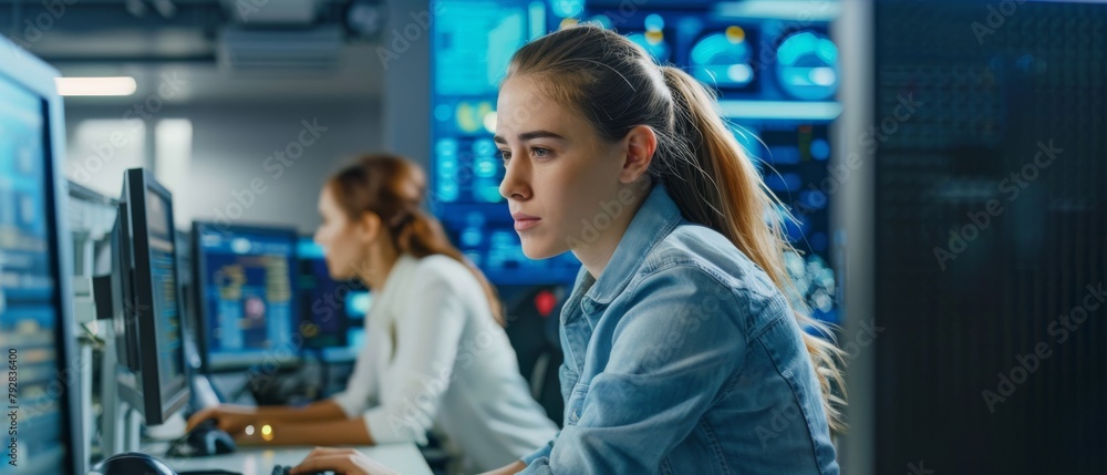 Poster the smart female it specialist working in a data center control room on a desktop computer. a group 