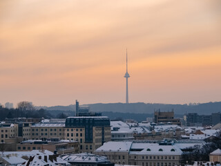 Vilnius TV tower at sunset in winter