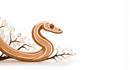 Wooden snake isolated on white background, festive Illustration. Chinese new year 2025 symbol. Merry christmas and happy new year banner. Empty space for text, minimalist style.