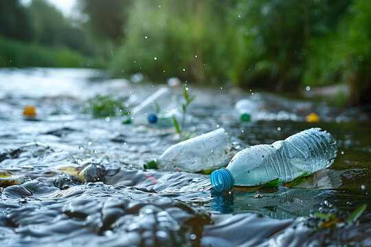 irty river pollution with plastic bottle and oil