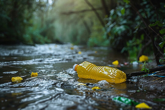 irty river pollution with plastic bottle and oil
