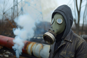 Man in a gas mask against a pipe polluting air