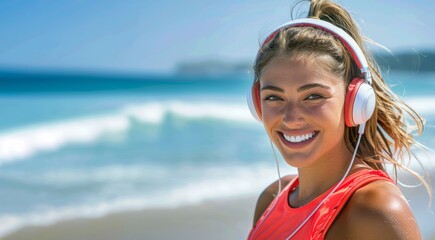 Smiling young sport woman wearing headphones on the beach