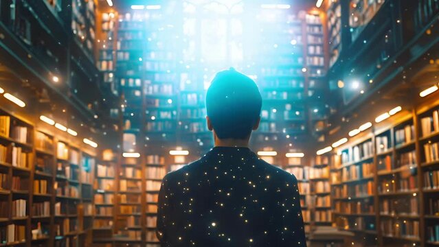 Magical orbs surrounding a man in a mystical library. Dreamlike bookshelves and illuminated knowledge. Concept of learning, magical academia, intellectual fantasy, and world of books. Motion