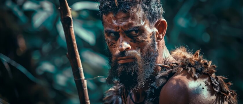 An early caveman wearing animal skin and fur hunting with a stone tipped spear in a prehistoric forest. An early Neanderthal hunter scavenging in the jungle with prehistoric tools.
