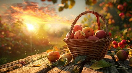 Imagine a sundown harvest scenario where a basket of fruit rests on a wooden table, embraced by the enchanting colors of the setting sun