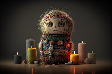 Handmade Burlap Doll Surrounded by Assorted Candles on a Wooden Surface - obrazy, fototapety, plakaty