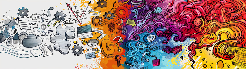 Fototapeta na wymiar Creative Brainstorm Concept with Colorful Swirls and Business Icons