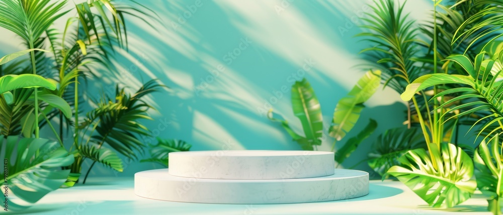 Poster Product podium stand with tropical plants on colorful background. Summer concept. 3D rendering.