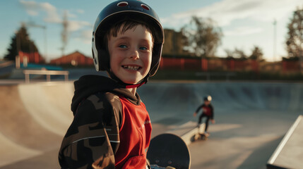 A little boy in a helmet is smiling and holding a skateboard in his hands. A child learns to skate. He standing in a skate park - obrazy, fototapety, plakaty