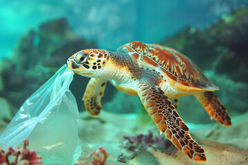 Plastic Pollution In Ocean - Turtle Eat Plastic Bag - Environmental Problem