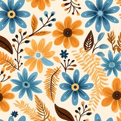 Fototapeta na wymiar orange and blue pattern with floral flowers, in the style of minimalist background