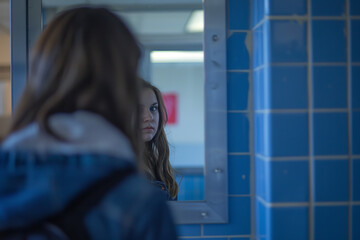 In the solitude of a school bathroom - a student's sad reflection in the mirror captures the internal struggle and entrapment of bullying