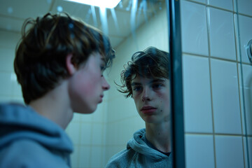 reflection of a sad student in a school bathroom mirror, capturing the internal struggle and the feeling of being trapped by bullying 