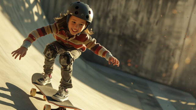 A little boy is skateboarding down a ramp wearing a helmet and knee pads. The concept of excitement and adventure