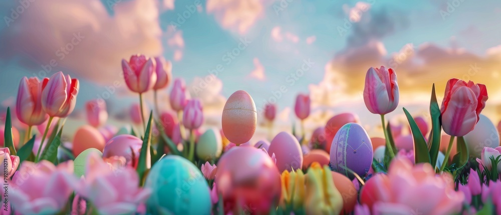 Poster 3d render of colorful eggs and tulips on a field with beautiful sky. easter background...