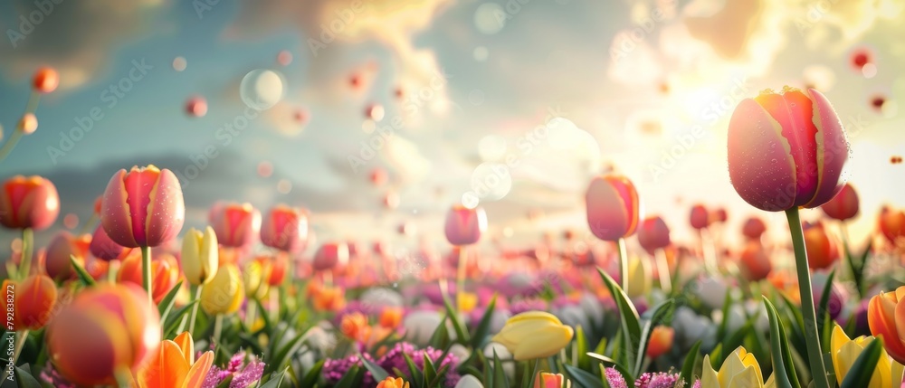 Poster beautiful sky and colorful eggs on meadow with colorful eggs. 3d render.