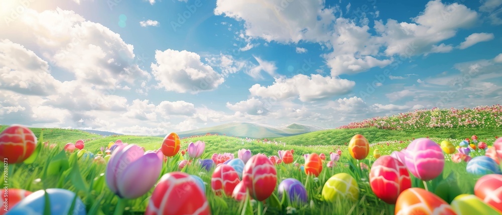 Aufkleber a beautiful sky and colorful eggs on a meadow with easter egg and tulip background. 3d rendering.