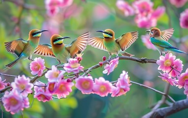 A group of beautiful greenish golden and colorful plumaged blue-tailed bee-eaters