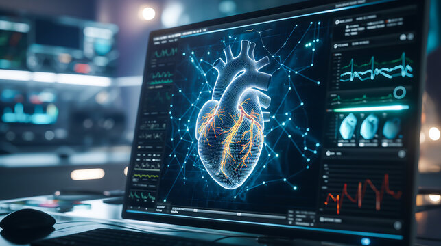 Modern technology in health care medical diagnosis of the heart. Futuristic medical research or heart cardiology health care with diagnosis. Medical and technology concept
