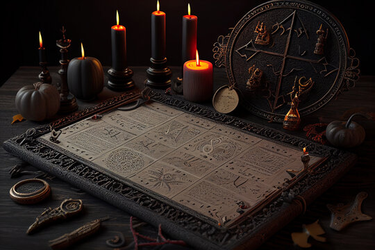 Mysterious Occult Symbols and Tools Arranged on Dark Wooden Table