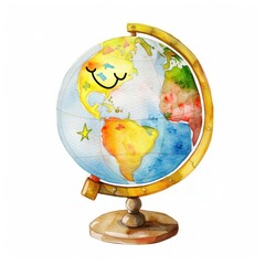 Delightful watercolor illustration of a globe with a happy face spinning on a desk