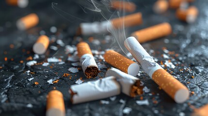 Scattered cigarette butts, no smoking, no tobacco day. Generative AI - obrazy, fototapety, plakaty