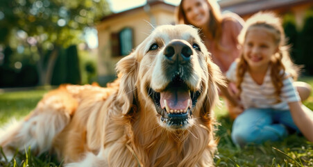 A happy family with their dog playing in the backyard on a sunny day, focusing on the faces and pet's eyes