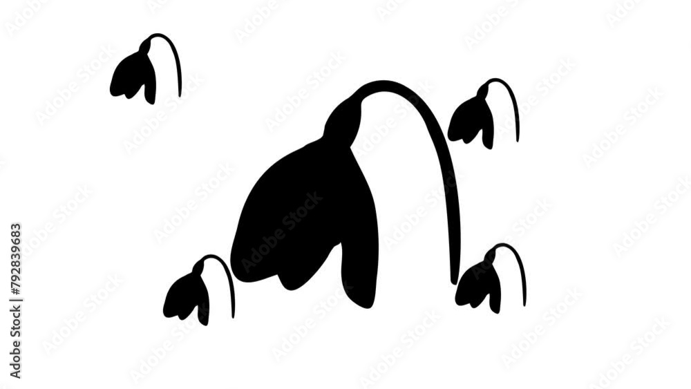 Poster Zoom in and out animation the snowdrop symbol. Large black symbol in the center and four small symbols around. Seamless looped 4k animation on white background