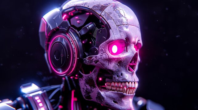 A photo of a skull with glowing pink eyes and headphones.