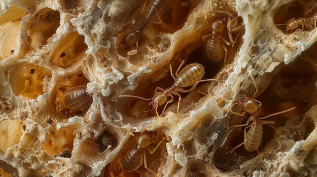 A microscopic view of a termite colony revealing the intricate tunnels and chambers created by these small insects. The image showcases