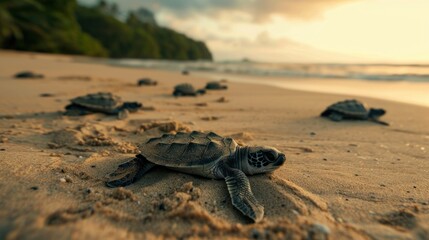Newborn green sea turtle on a sandy beach Record of the first voyage to the sea