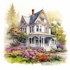Fototapeta na wymiar water color spring garden victorian house on white background