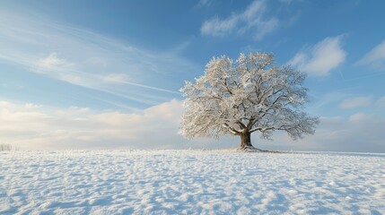 In a snowy field, a solitary oak tree graces the landscape, offering an incredible winter panorama