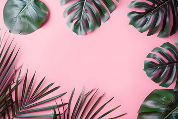 Philodendron tropical leaves on coral color background minimal summer - obrazy, fototapety, plakaty