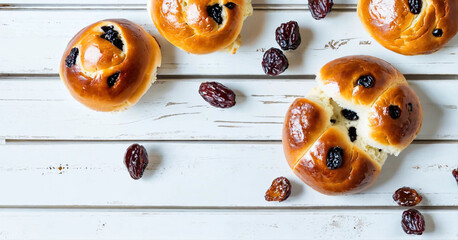 Round butter buns with raisins on a white paint wooden texture with a copy space 