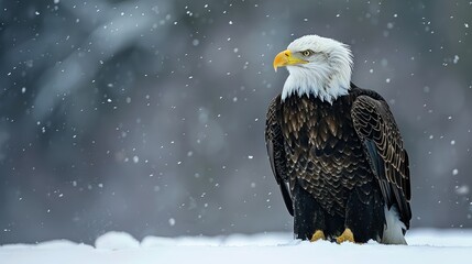 On a wintry day, an American Bald Eagle sits gracefully in the snow, its powerful presence...