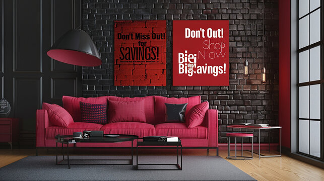 Radiant ruby red canvas with sleek black lettering "Don't Miss Out! Shop Now for Big Savings!"