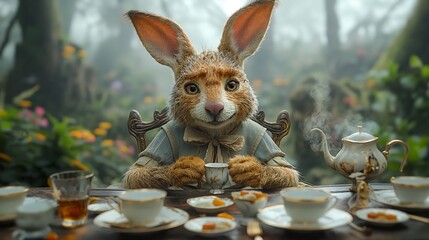 Naklejka premium rabbit in the forest drinks tea