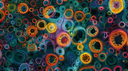 A of animal cells each with a unique shape and color resembling a field of wildflowers blooming under a microscope.