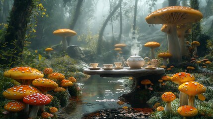 Fototapeta na wymiar wonderful teapot and cups with hot tea in garden