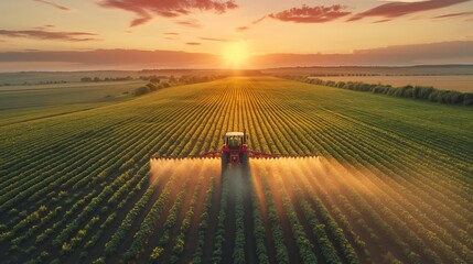 Fototapeta premium tractor spraying pesticides on the large field