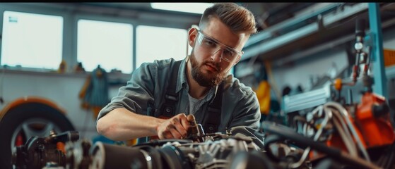 An expert mechanic works on a car in a workshop. A mechanic is wearing safety glasses and fixing the engine on a vehicle. A mechanic uses a ratchet to loosen bolts. Modern, clean workshop.