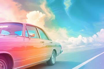 A car is driving down a road with a colorful sky in the background. The car is a vintage model, and the sky is filled with clouds - obrazy, fototapety, plakaty