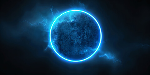 blue circle light frame on black background.Blue light effects on round placeholder for your text on dark background.a blue glowing circle.for futuristic or technology-themed designs