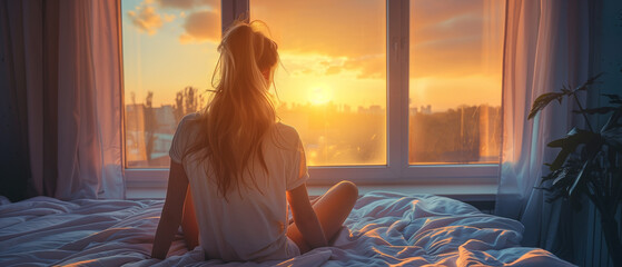 women sitting on the bed after wake up look at the sunrise through the window - obrazy, fototapety, plakaty