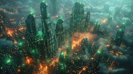 An artistic rendering of an aerial view of a motherboard transformed into a futuristic cityscape, with neon blue and green circuits glowing like streetlights and components rising like towering 