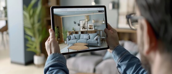 In an apartment, a man is holding a tablet equipped with AR Interior Design software as he selects 3D furniture for his home from an online shop with shown prices. Over shoulder screen shot with 3D