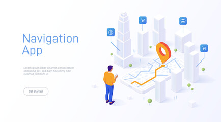 Man uses his mobile phone GPS amidst towering isometric skyscrapers, following a digitally laid-out route. Location tracking concept isometric vector illustration. Choosing shortest road.